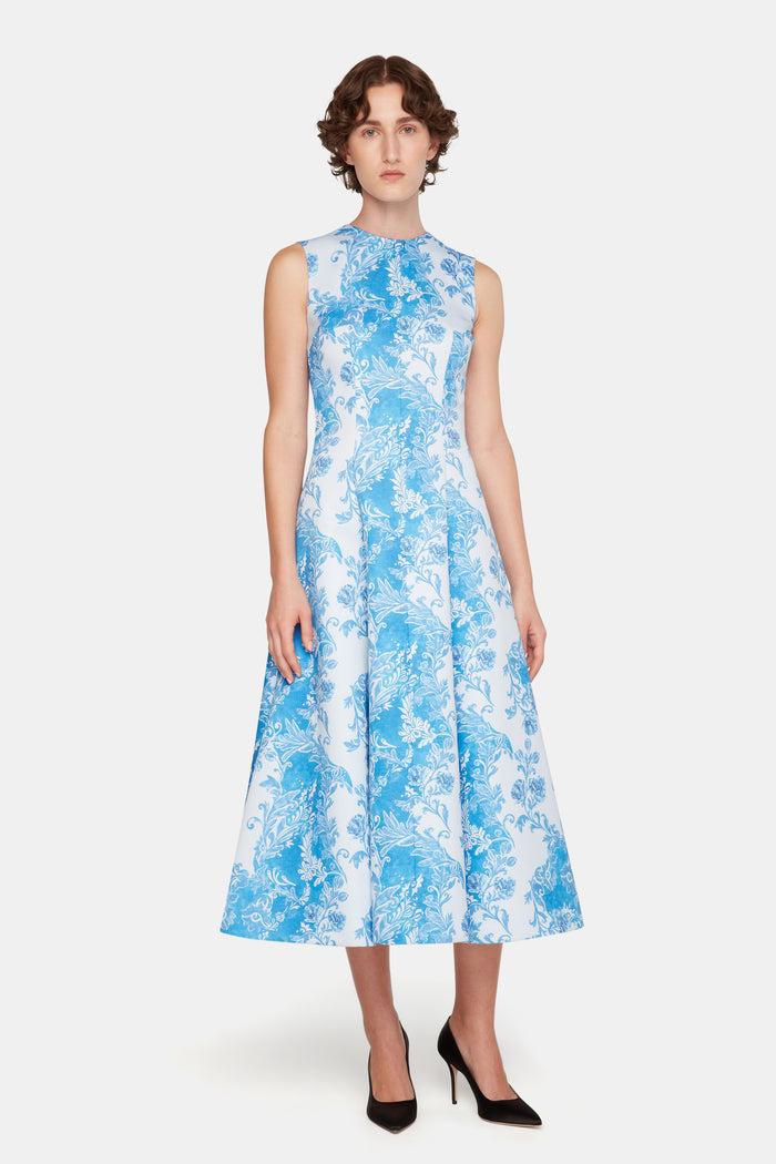 Emilia Wickstead Mara Dress In Blue Floral Damask Taffeta Faille Dresses