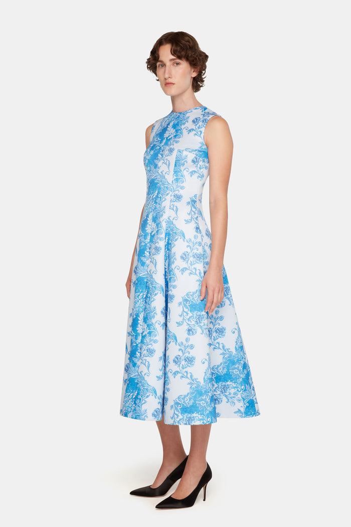 Emilia Wickstead Mara Dress In Blue Floral Damask Taffeta Faille Dresses