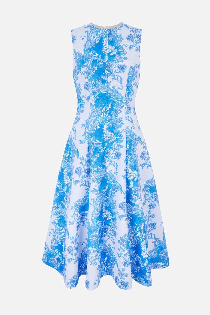 emilia wickstead Mara Dress In Blue Floral Damask Taffeta Faille Dresses