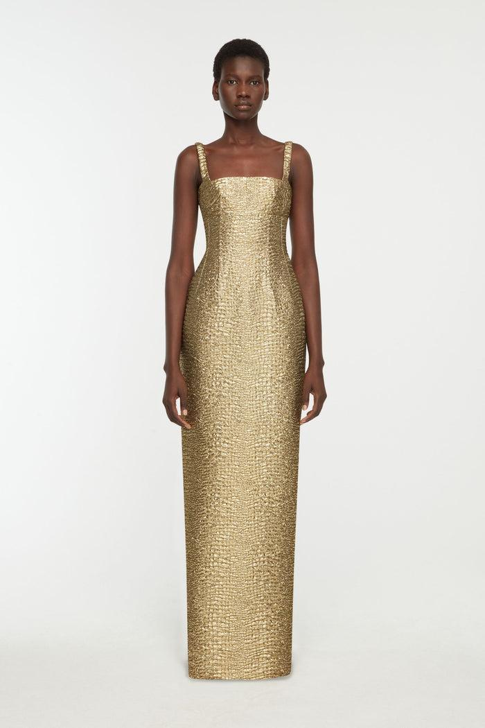 Emilia Wickstead Micheline Dress In Gold Metallic Seersucker