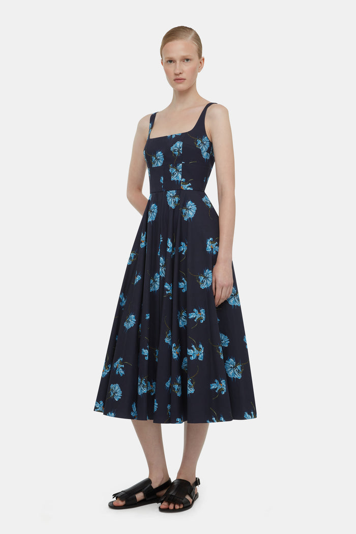 Emilia Wickstead Mona Dress With Blue Flowers On Navy Cotton Dresses