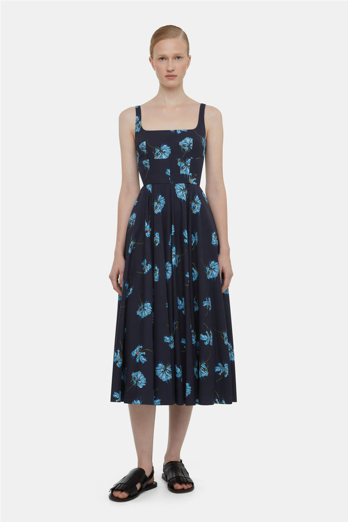Emilia Wickstead Mona Dress With Blue Flowers On Navy Cotton Dresses