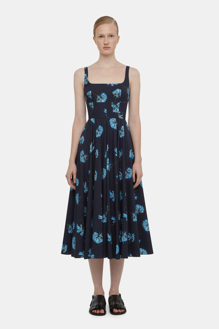 Emilia Wickstead Mona Dress With Blue Flowers On Navy Cotton Dresses