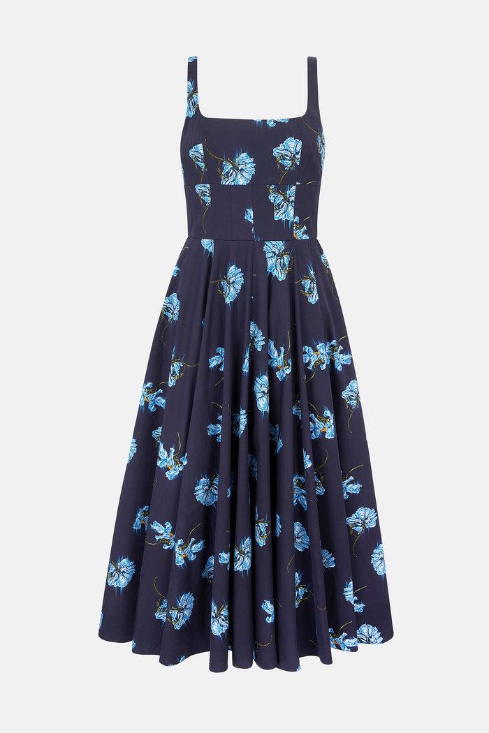 emilia wickstead Mona Dress with Blue Flowers on Navy Cotton Dresses emilia wickstead Mona Dress with Blue Flowers on Navy Cotton Dresses