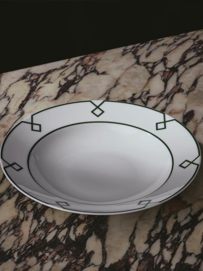 Emilia Wickstead Naples Round Hollow Dish With Green Geometric Border Homeware