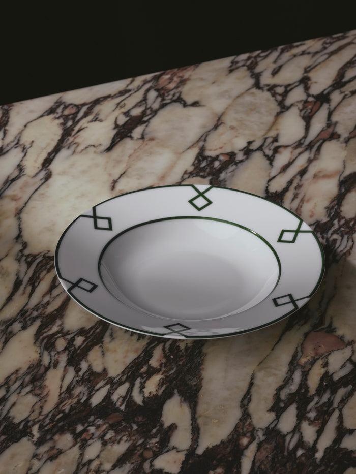 Emilia Wickstead Naples Soup Bowl With Green Geometric Border Homeware