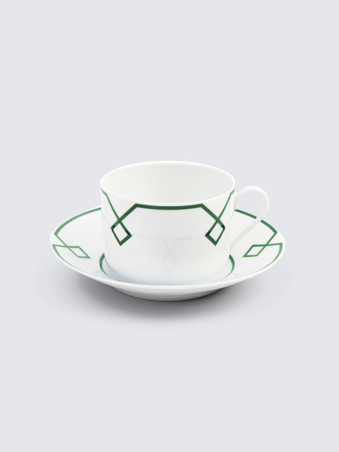 emilia wickstead Naples Tea Cup and Saucer with Green Geometric Border Homeware