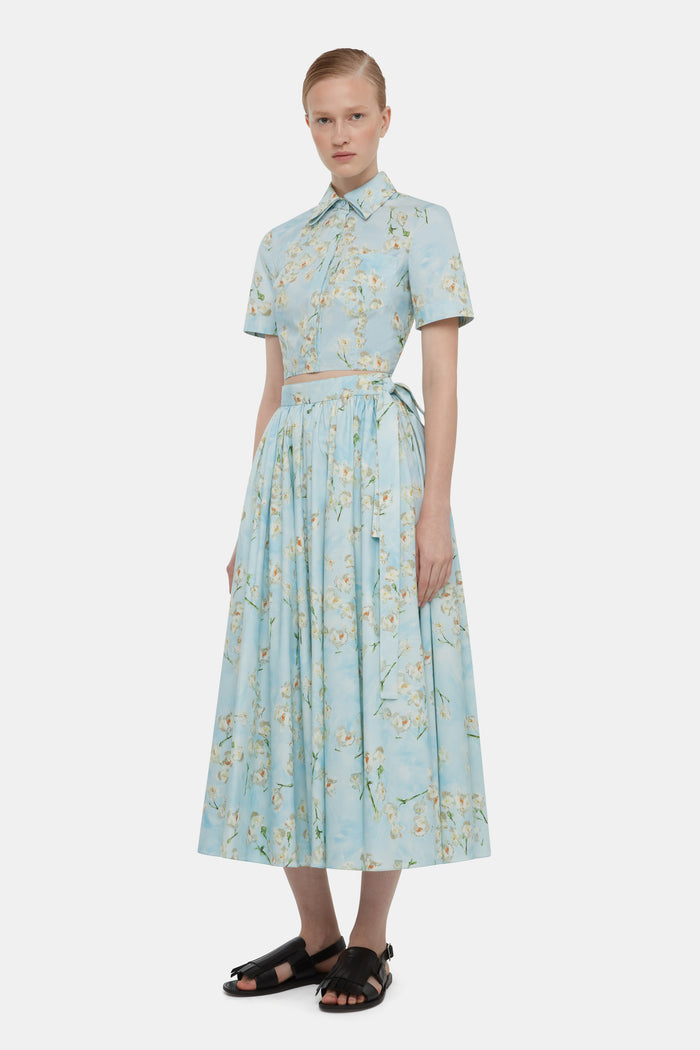 Emilia Wickstead Natalie Cropped Shirt In Little Lillies On Blue Floral Print Cotton Poplin