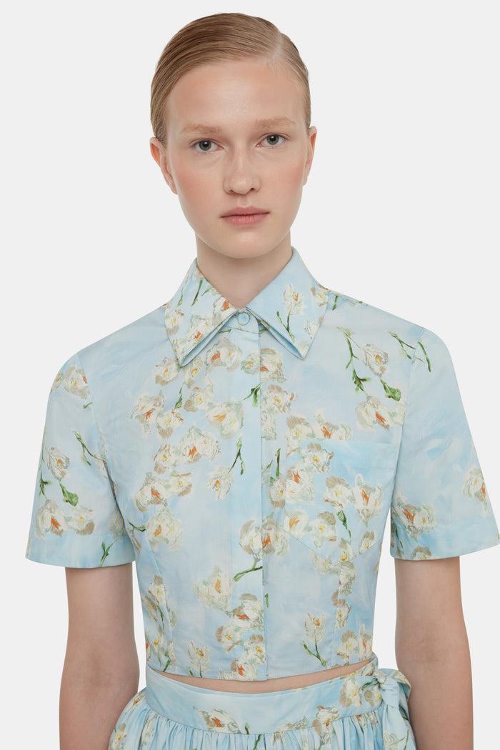 Emilia Wickstead Natalie Cropped Shirt In Little Lillies On Blue Floral Print Cotton Poplin