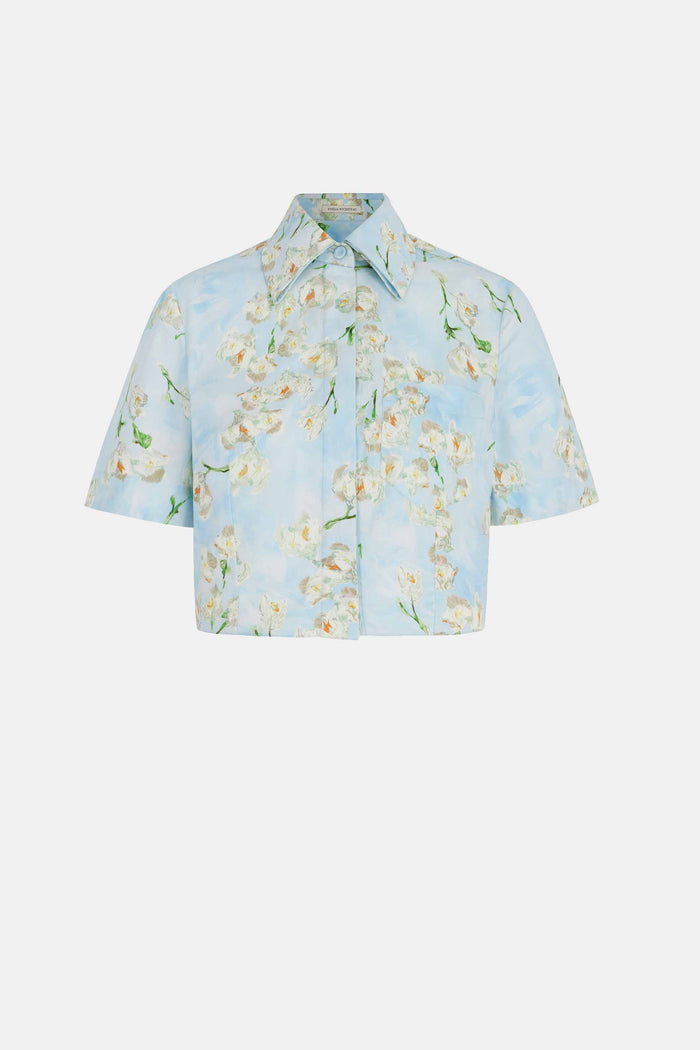emilia wickstead Natalie Cropped Shirt In Little Lillies On Blue Floral Print Cotton Poplin