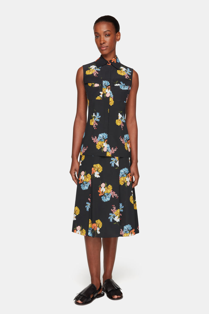 Emilia Wickstead Navanne Top In Retro Bouquet On Black Silk Crepe De Chine