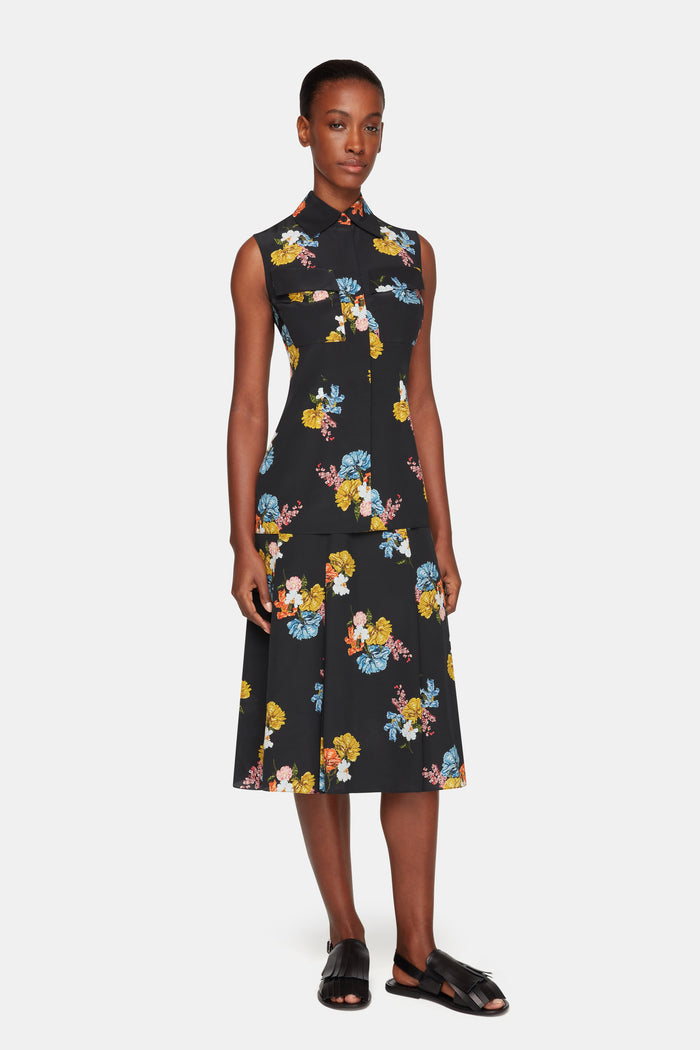 Emilia Wickstead Navanne Top In Retro Bouquet On Black Silk Crepe De Chine
