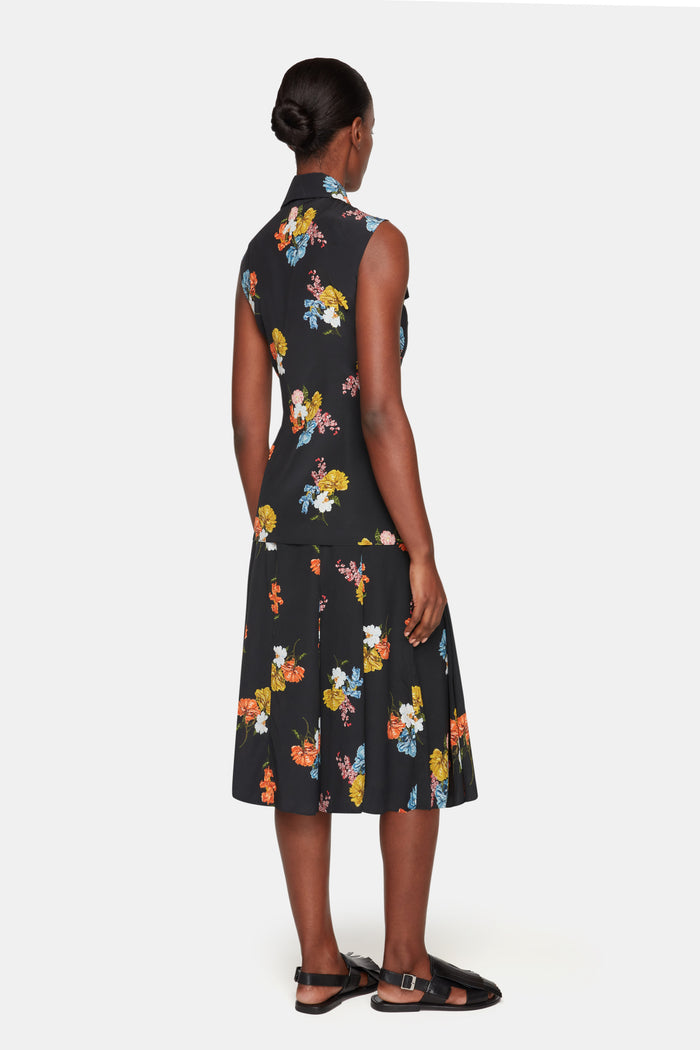Emilia Wickstead Navanne Top In Retro Bouquet On Black Silk Crepe De Chine