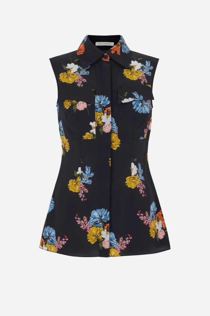 emilia wickstead Navanne Top In Retro Bouquet On Black Silk Crepe De Chine