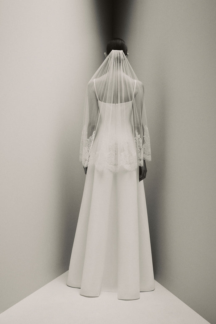 Emilia Wickstead Oceana Bridal Dress In Ivory Double Wool Crepe With The Acanthus Veil