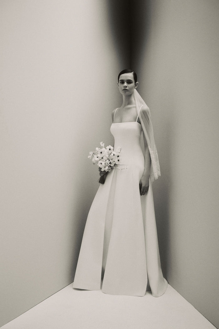 emilia wickstead Oceana Bridal Dress in Ivory Double Wool Crepe with the Acanthus Veil