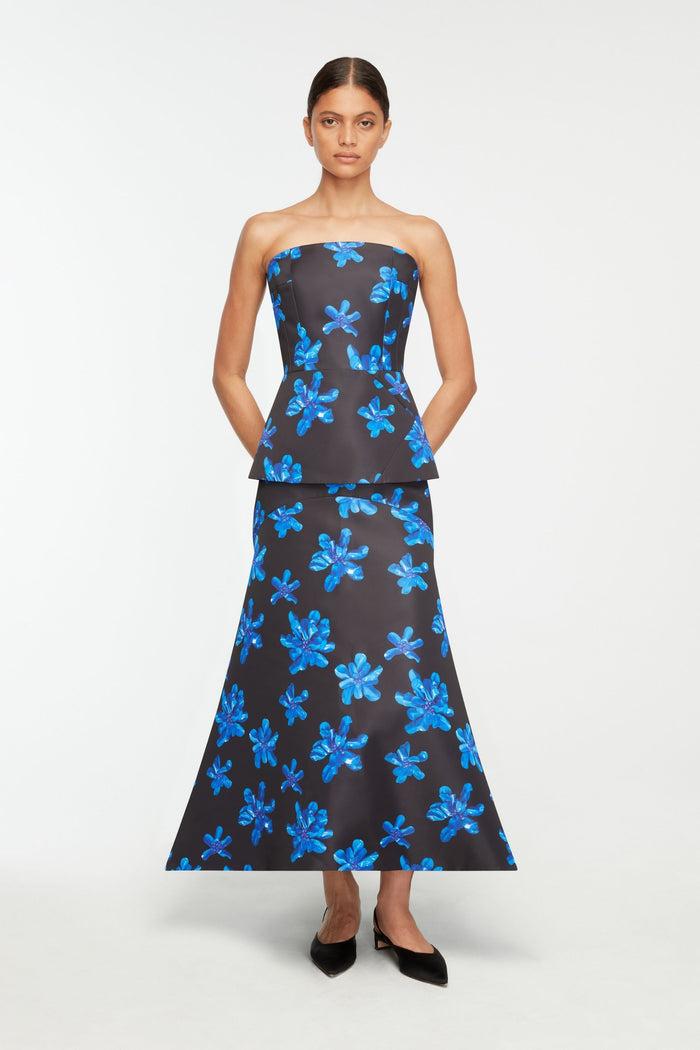 Emilia Wickstead Regan Top In Electric Blue Floral On Black Genzianella