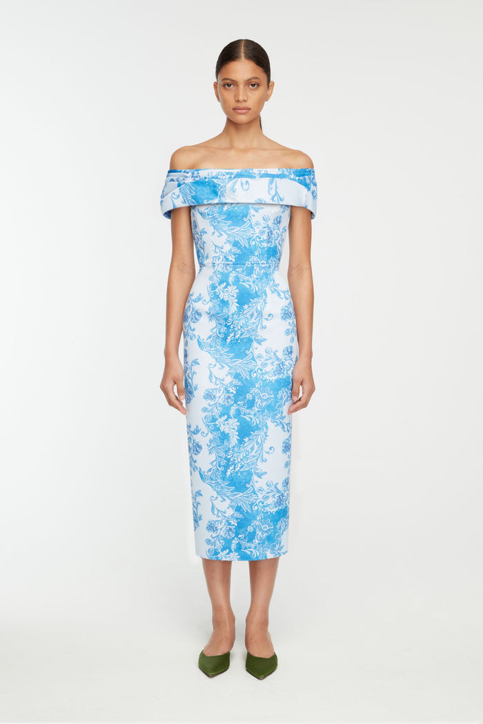 Emilia Wickstead Rochelle Dress In Blue Floral Damask Taffeta Faille Dresses