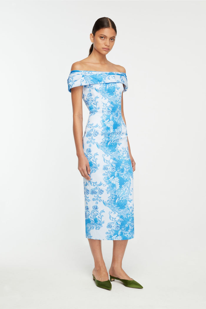 Emilia Wickstead Rochelle Dress In Blue Floral Damask Taffeta Faille Dresses
