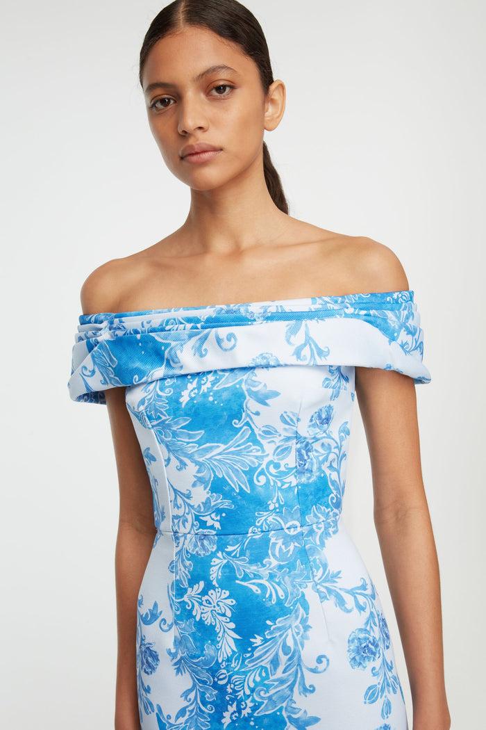 Emilia Wickstead Rochelle Dress In Blue Floral Damask Taffeta Faille Dresses