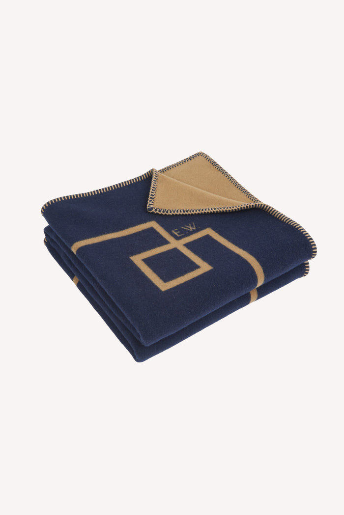 emilia wickstead Roma Geometric Detail Blanket in Camel & Navy Wool