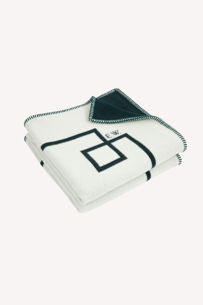 emilia wickstead Roma Geometric Detail Blanket in Ivory & Green Wool