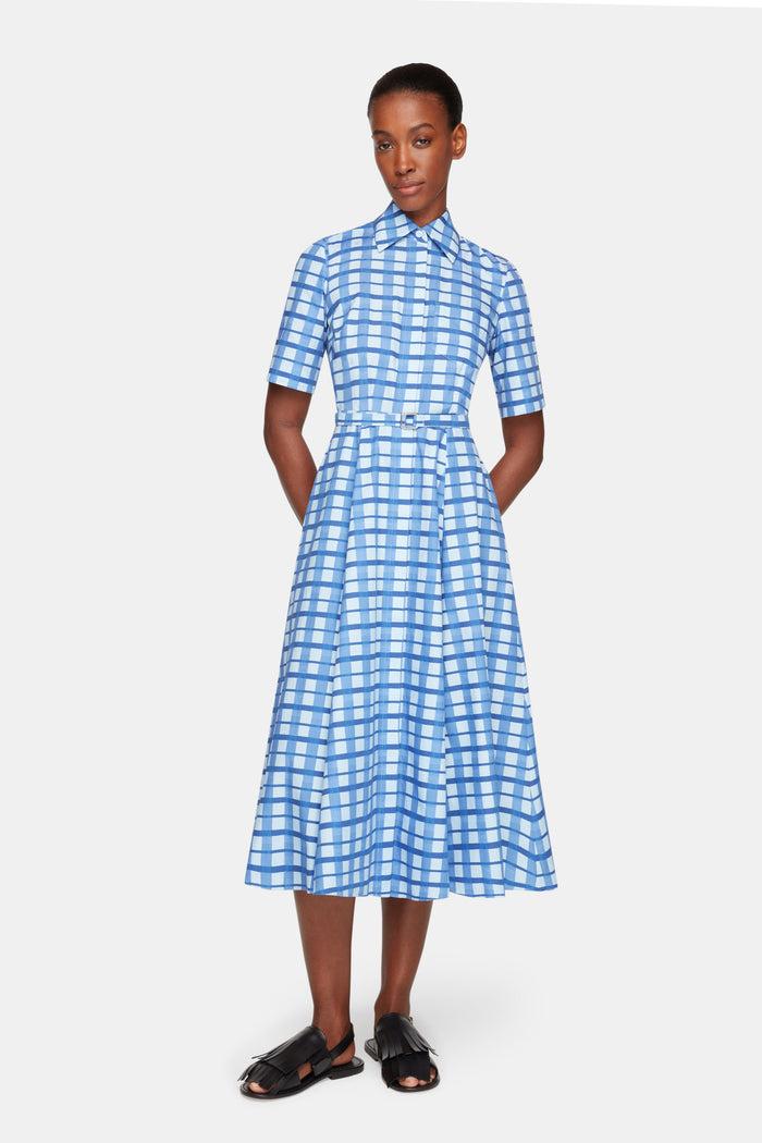 Emilia Wickstead Rubie Dress In Blue Painted Gingham Cotton Poplin