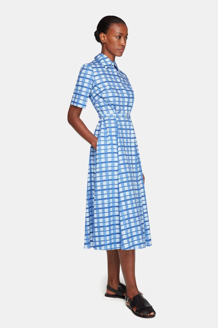 Emilia Wickstead Rubie Dress In Blue Painted Gingham Cotton Poplin