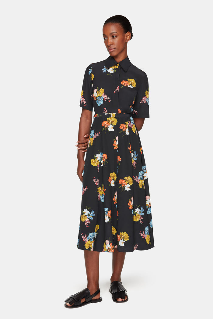 Emilia Wickstead Rubie Dress In Retro Bouquet On Black Silk Crepe De Chine Dresses