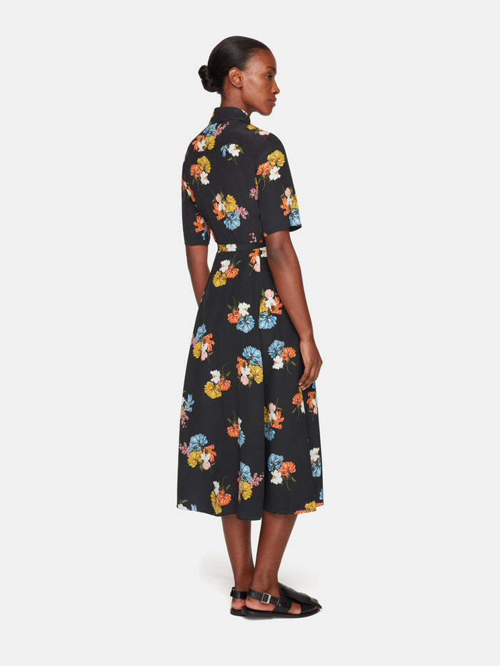 Emilia Wickstead Rubie Dress In Retro Bouquet On Black Silk Crepe De Chine Dresses