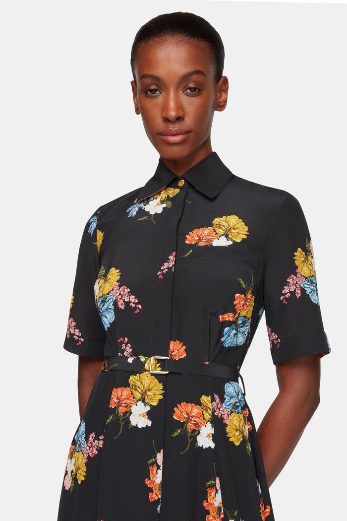 Emilia Wickstead Rubie Dress In Retro Bouquet On Black Silk Crepe De Chine Dresses