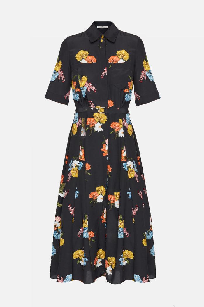 emilia wickstead Rubie Dress In Retro Bouquet On Black Silk Crepe De Chine Dresses