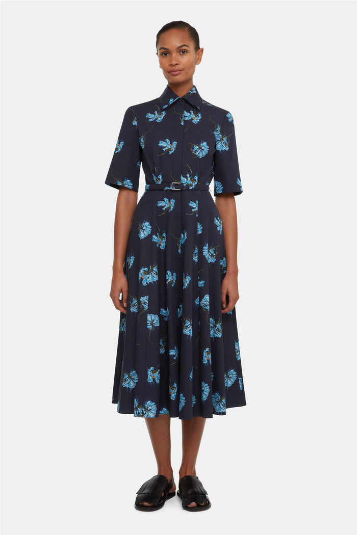 Emilia Wickstead Rubie Dress With Blue Flowers On Navy Cotton Dresses