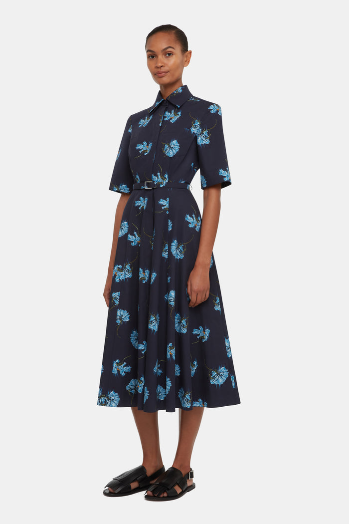 Emilia Wickstead Rubie Dress With Blue Flowers On Navy Cotton Dresses