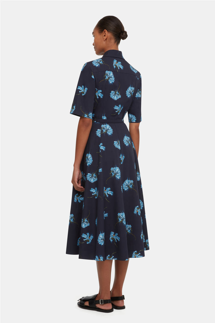 Emilia Wickstead Rubie Dress With Blue Flowers On Navy Cotton Dresses