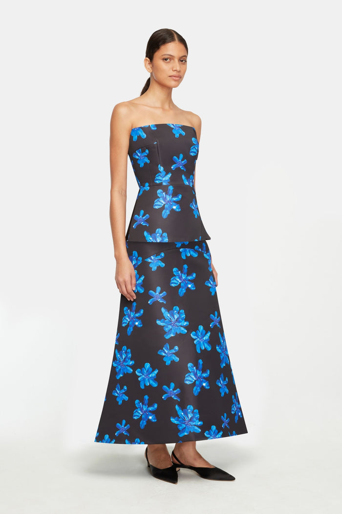 Emilia Wickstead Tamilla Skirt In Electric Blue Floral On Black Genzianella