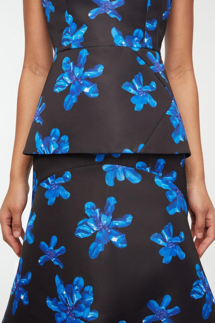 Emilia Wickstead Tamilla Skirt In Electric Blue Floral On Black Genzianella