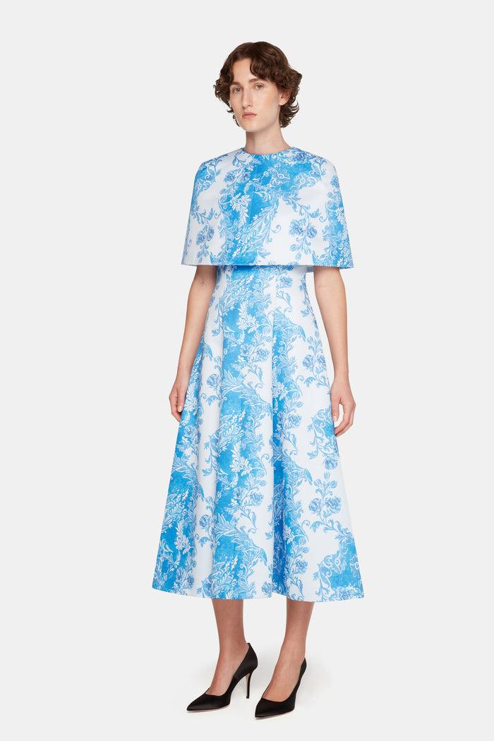 Emilia Wickstead Virginie Cape In Blue Floral Damask Taffeta Faille
