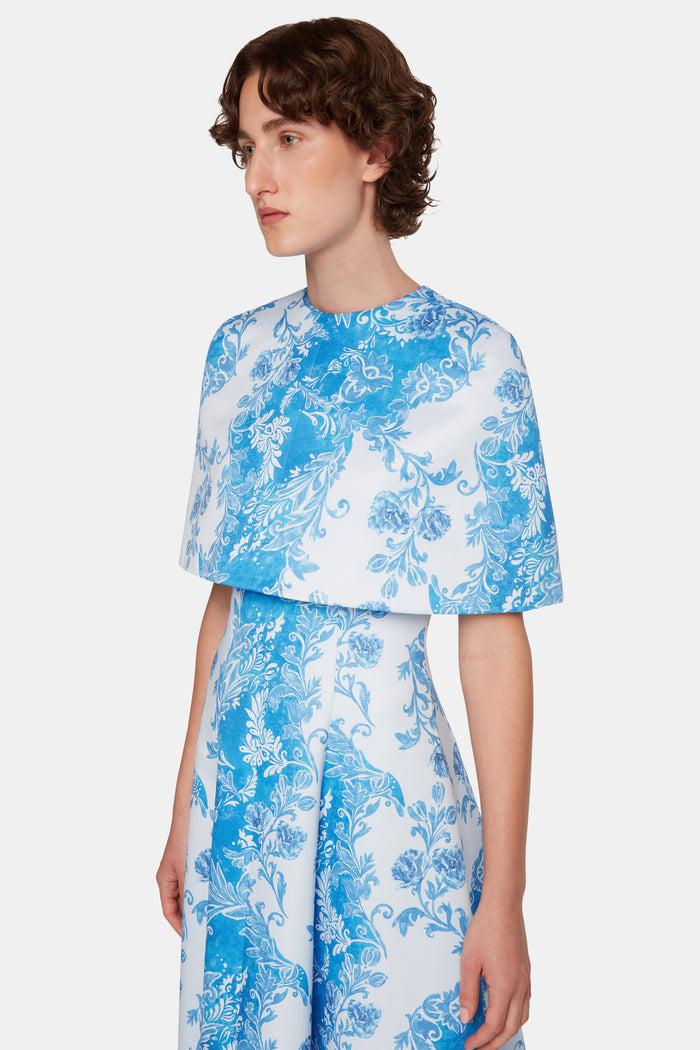 Emilia Wickstead Virginie Cape In Blue Floral Damask Taffeta Faille