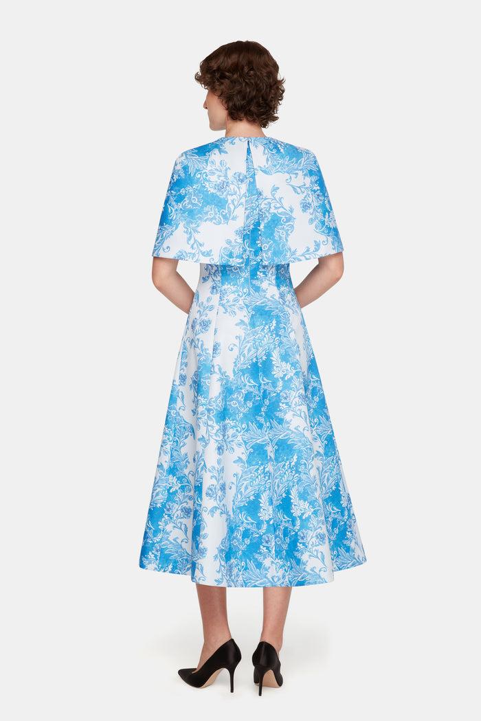 Emilia Wickstead Virginie Cape In Blue Floral Damask Taffeta Faille
