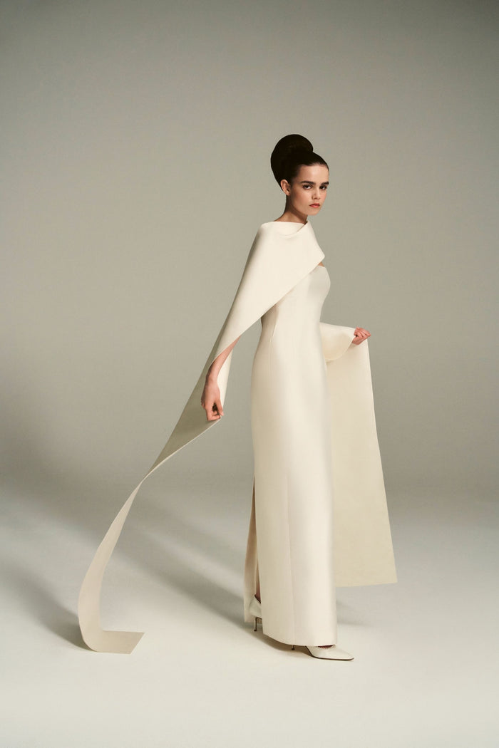 emilia wickstead Viva Bridal Dress in Ivory Silk Mikado with Sophia Scarf Train