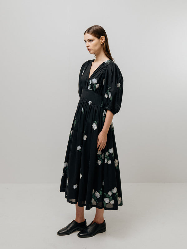 Emin Paul Black Embroidered V-Neck Cropped Sleeve Dress
