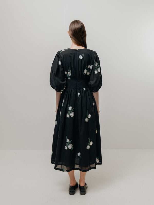 Emin Paul Black Embroidered V-Neck Cropped Sleeve Dress