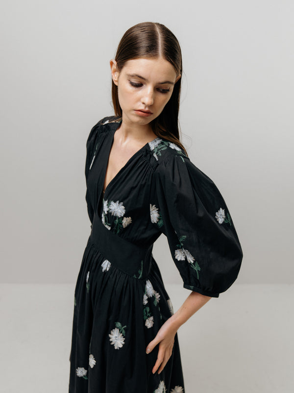 Emin Paul Black Embroidered V-Neck Cropped Sleeve Dress