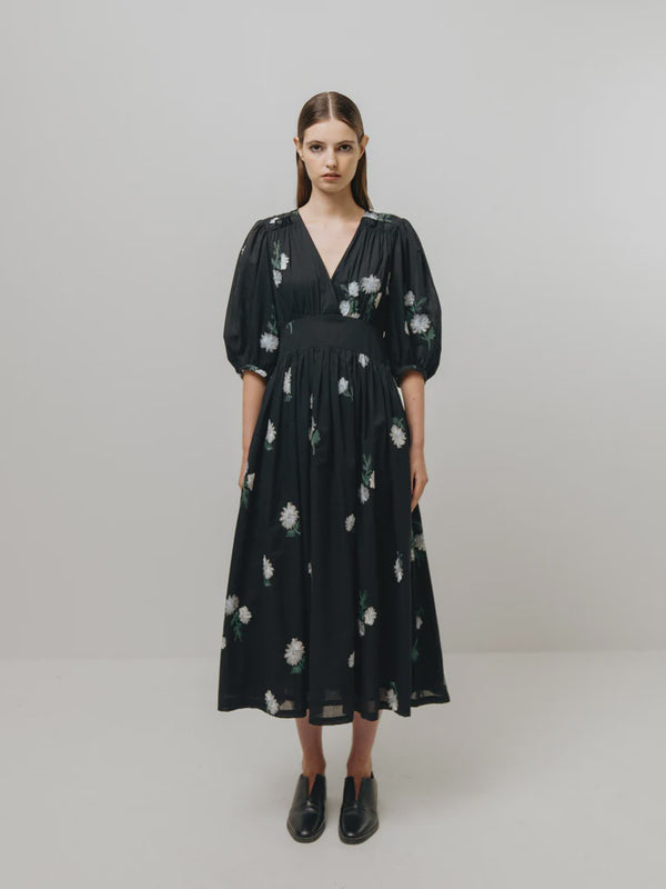 emin paul Black Embroidered V-Neck Cropped Sleeve Dress