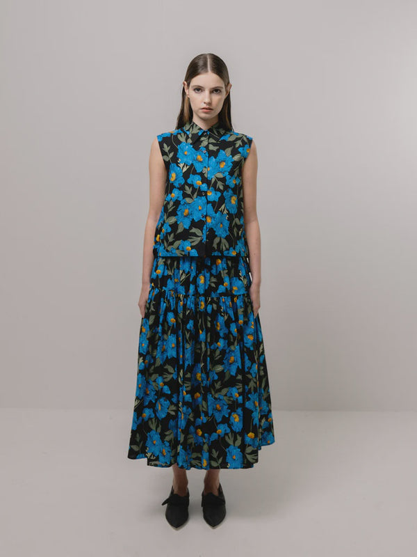 emin paul Blue Flower-Printed Sleeveless Volume Blouse