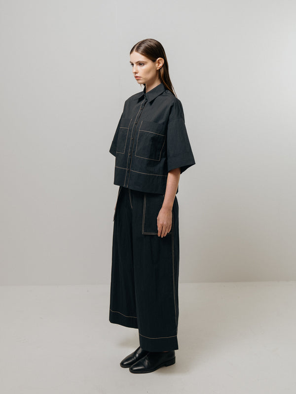 Emin Paul Black Contrast Stitch Wide Leg Trousers