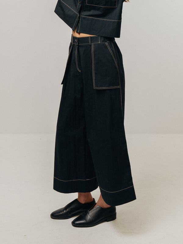 Emin Paul Black Contrast Stitch Wide Leg Trousers