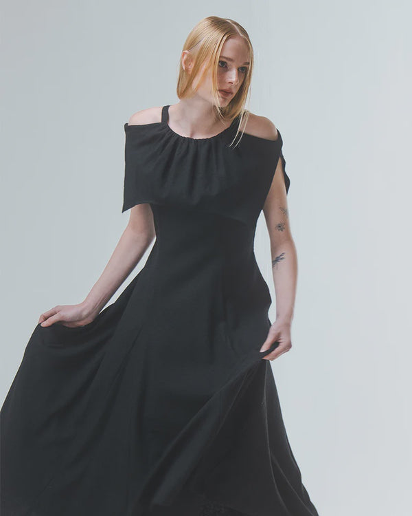 emin paul Black Draped Double Layer Dress
