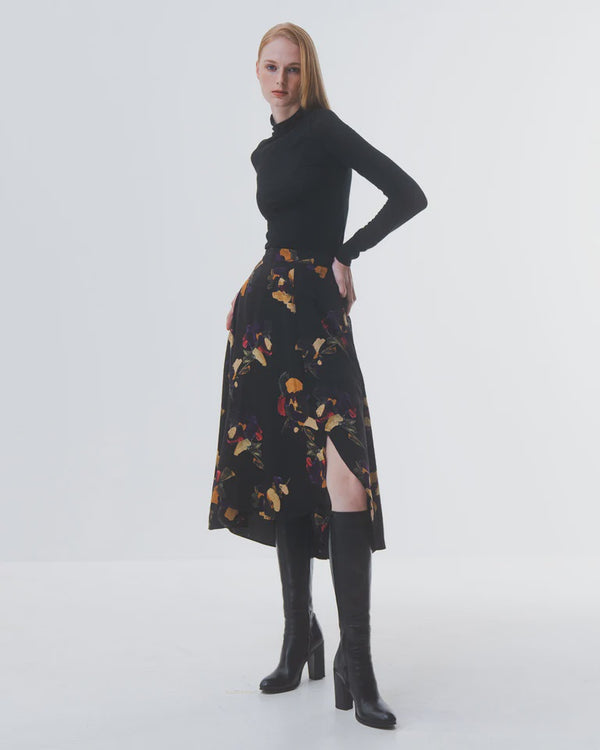 emin paul Black Floral Side Slit Skirt